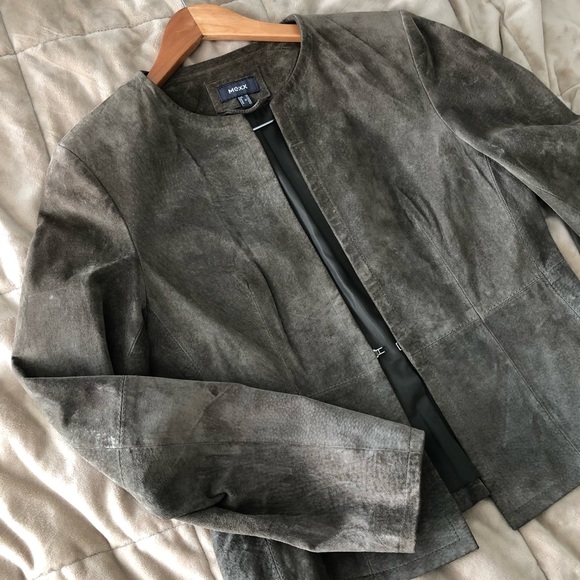 Olive Green Mexx Suede Leather Dress Jacket: From England; American Size Smaller - Picture 1 of 10